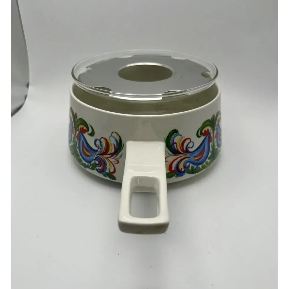 Vtg Villeroy & Boch Rooster Design Fondue Pot With Glass Insert & Lid Porcelain